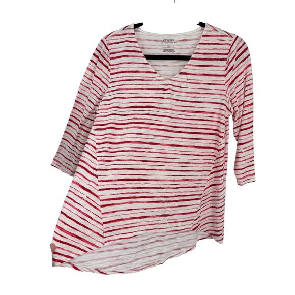 Chicos 1 The Ultimate Tee Medium V-Neck White Wavy Red Striped 3/4 Sleeve Top - Picture 2 of 8
